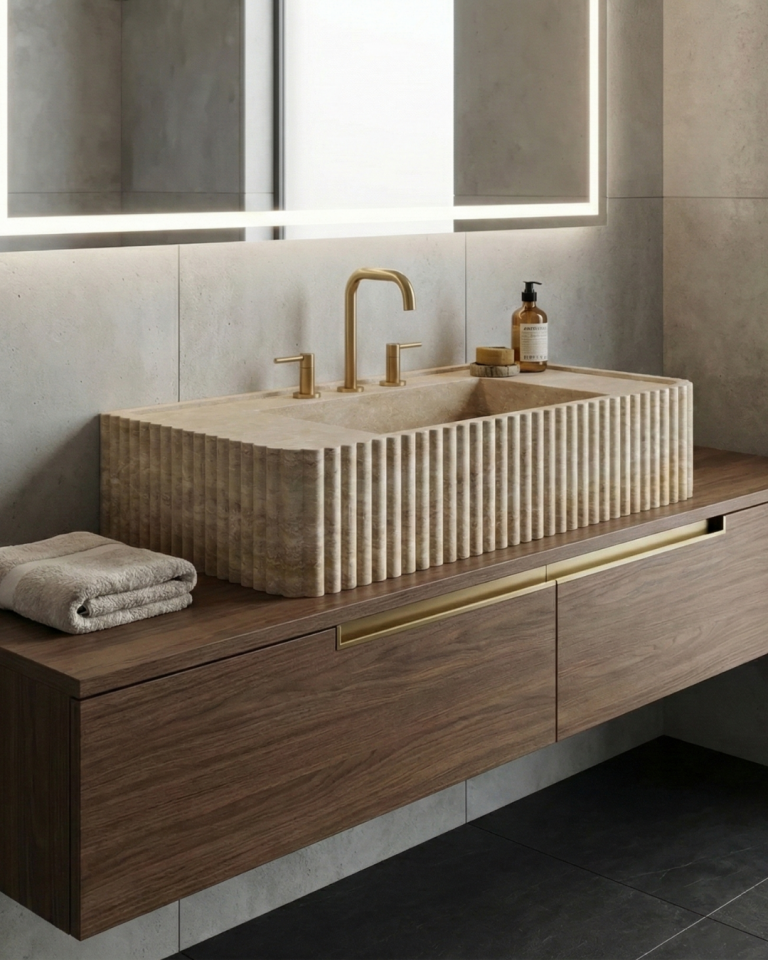 Handcrafted Travertine Fluted Wall-Mounted Sink | Natural Architectural Design