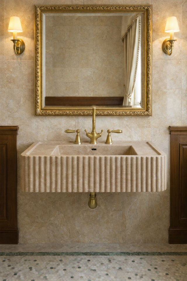 Handcrafted Travertine Fluted Wall-Mounted Sink | Natural Architectural Design
