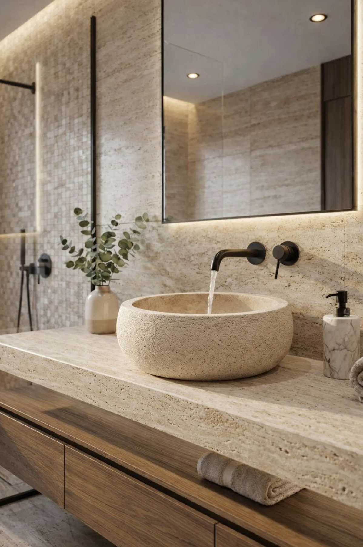 Travertine Sink Luxury Bathroom Natural Stone Round Basin