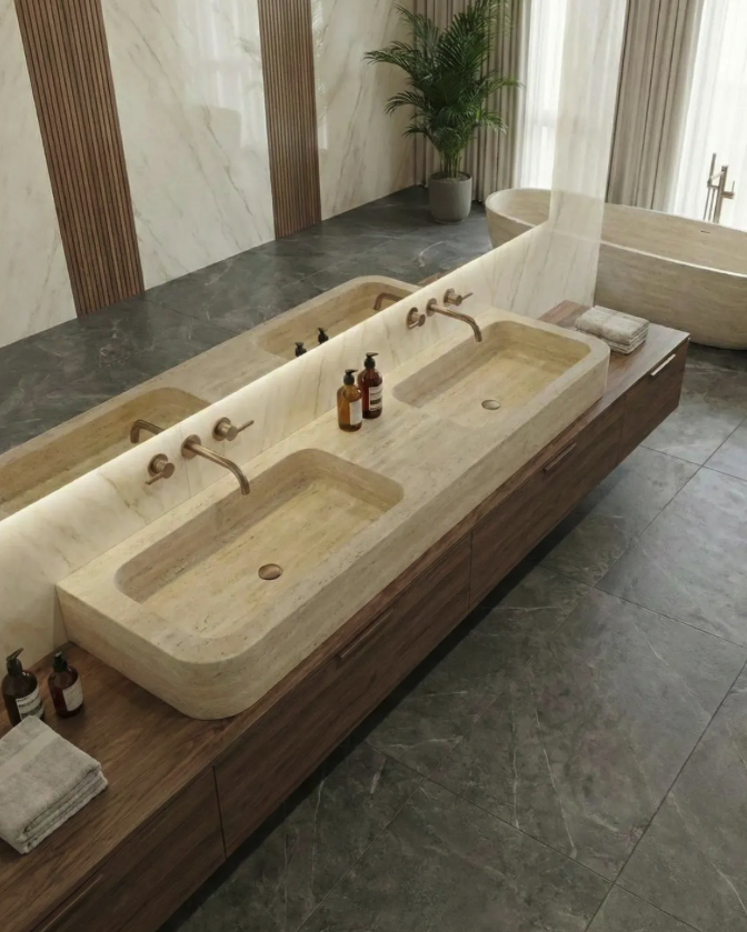 Double Travertine Sink – Natural Elegance for Luxury Bathrooms