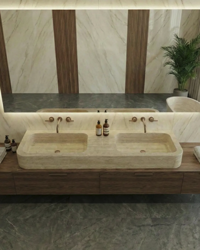Double Travertine Sink – Natural Elegance for Luxury Bathrooms