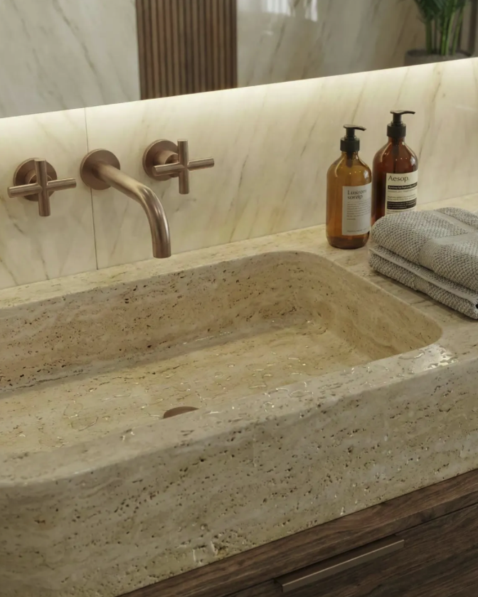 Double Travertine Sink – Natural Elegance for Luxury Bathrooms