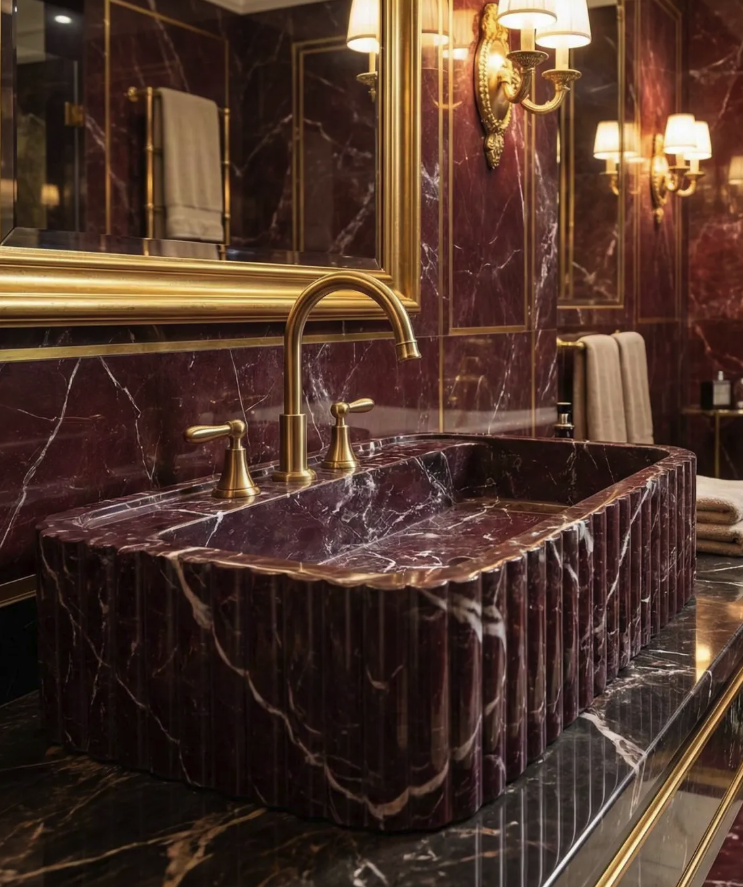 Red Marble Sink: Elazig Cherry Marble Vessel Sink, Luxury Bathroom Basin