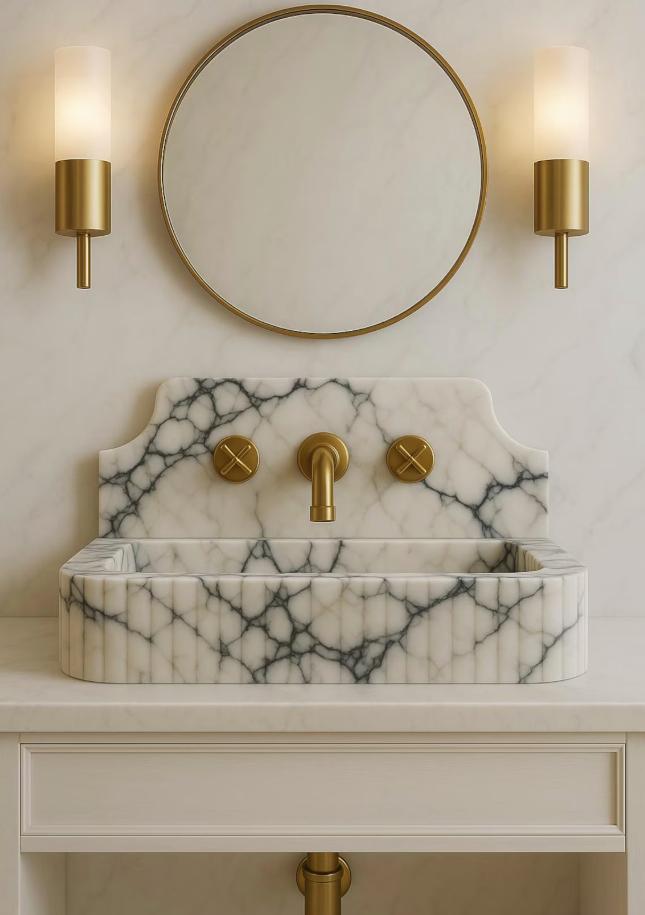Calacatta Marble Sink with Backsplash: Hand Carved Luxury Vanity Basin