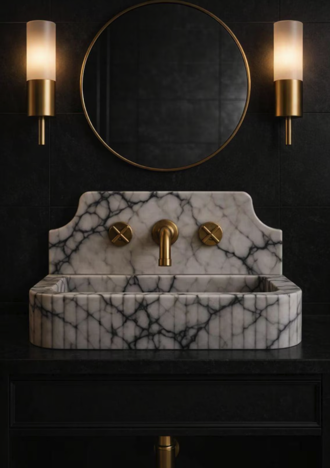 Calacatta Marble Sink with Backsplash: Hand Carved Luxury Vanity Basin