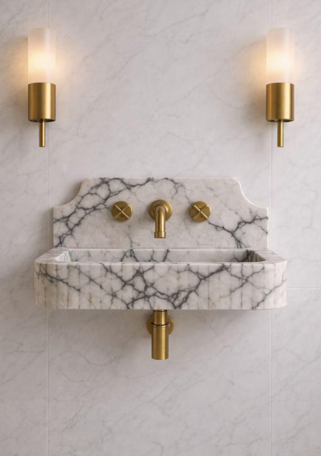 Calacatta Marble Sink with Backsplash: Hand Carved Luxury Vanity Basin