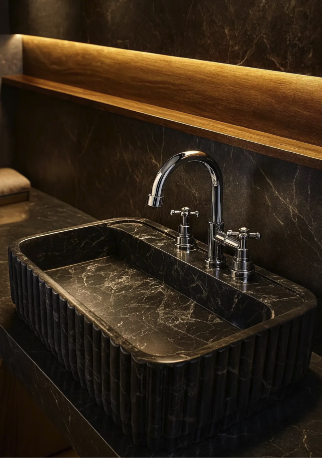 Black Marble Fluted Sink: Handmade Marble Luxury Bathroom Basin