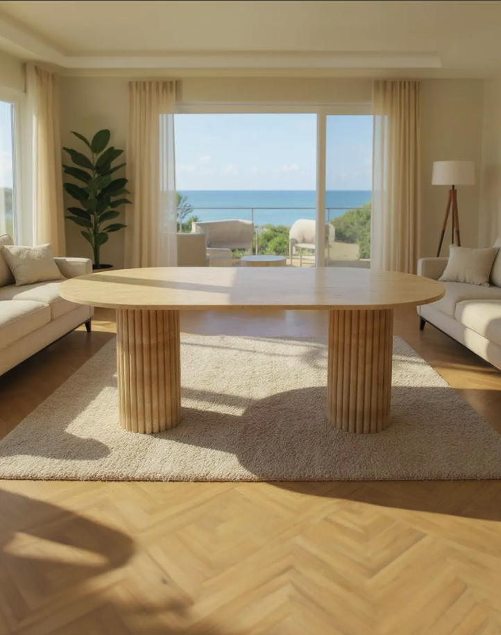 Handmade Oval Travertine Dining Table: Fluted Pedestal Base