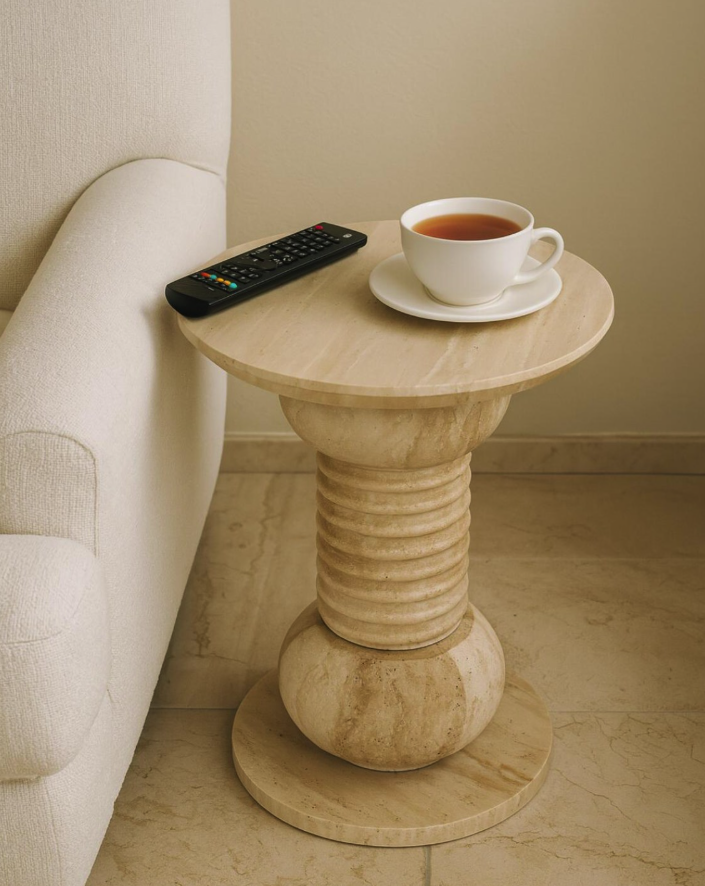 Handmade Travertine Side Table: Modern Minimalist Accent Table