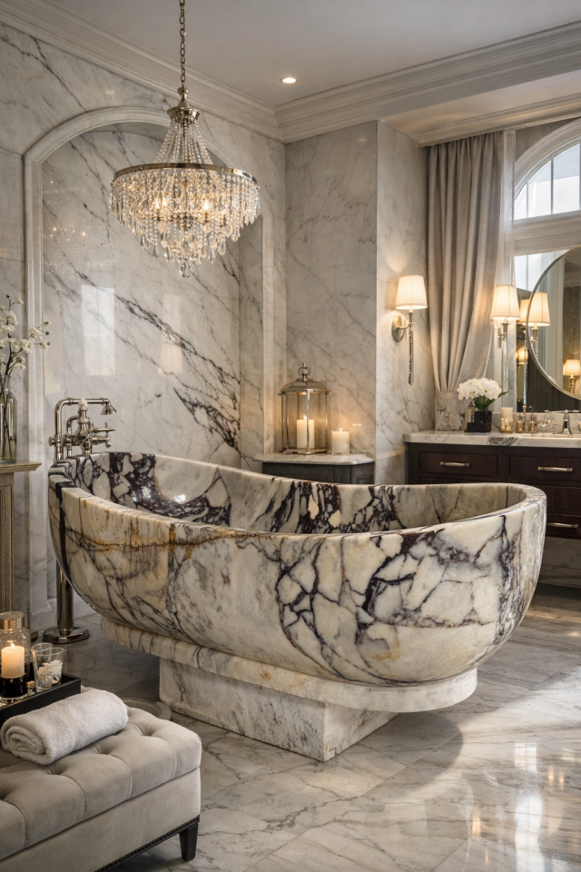 Calacatta Marble Bathtub – Luxury Hand-Carved Freestanding Stone Tub