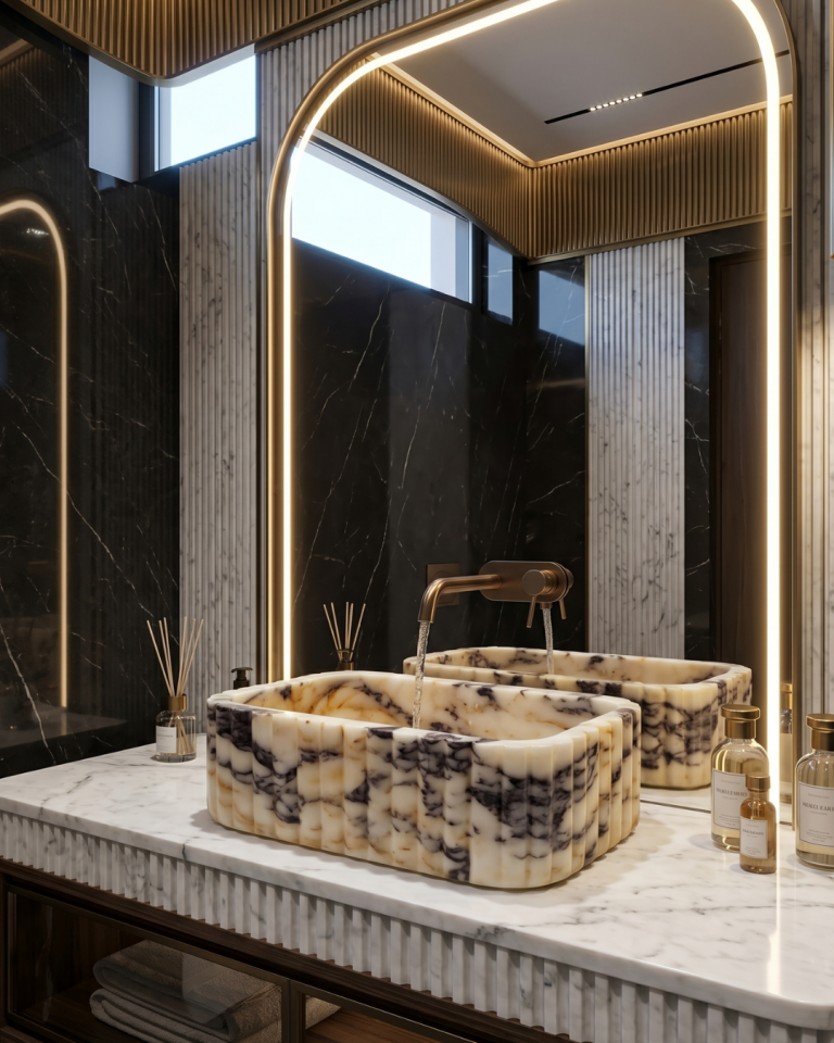 Calacatta Viola Marble Sink Luxury Handcrafted Fluted Bathroom Vanity Basin Countertop & Wall Mounted Stone Sink