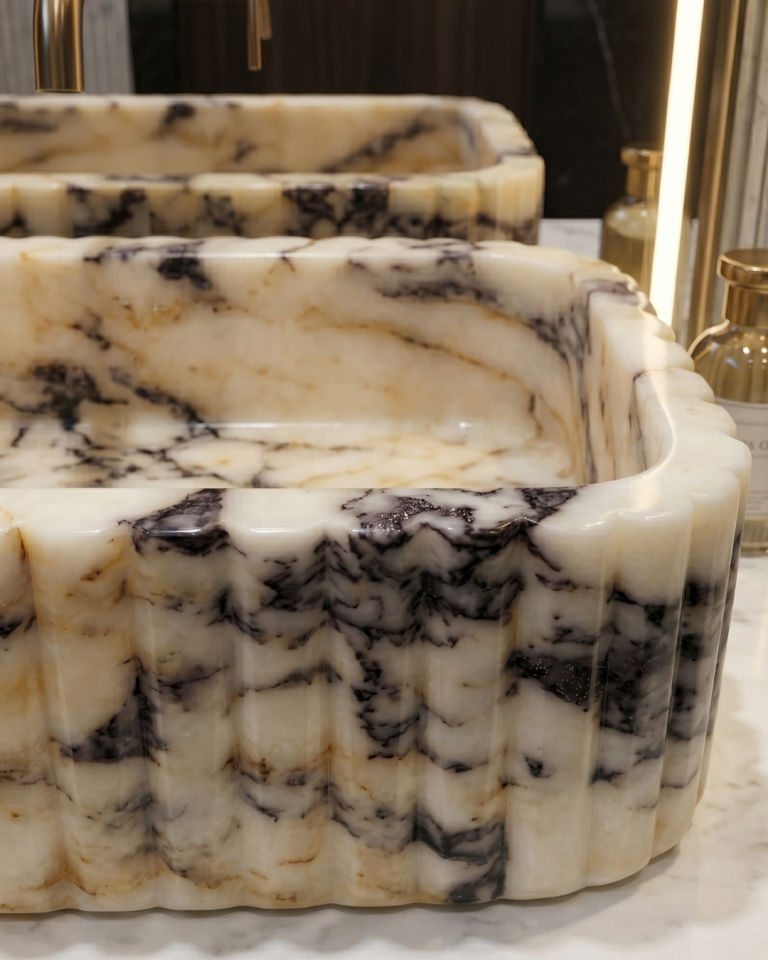 Calacatta Viola Marble Sink Luxury Handcrafted Fluted Bathroom Vanity Basin Countertop & Wall Mounted Stone Sink