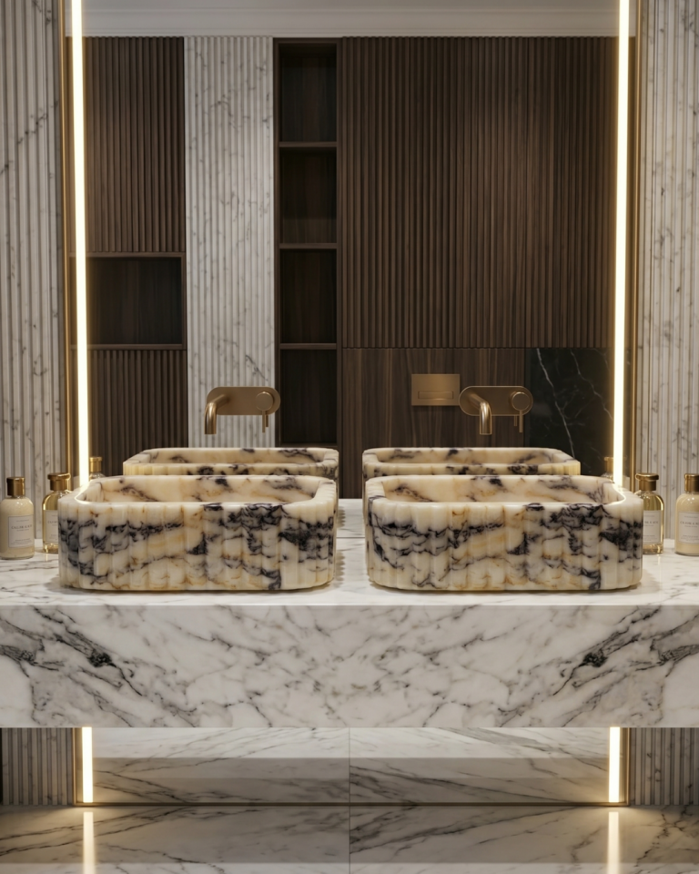 Calacatta Viola Marble Sink Luxury Handcrafted Fluted Bathroom Vanity Basin Countertop & Wall Mounted Stone Sink