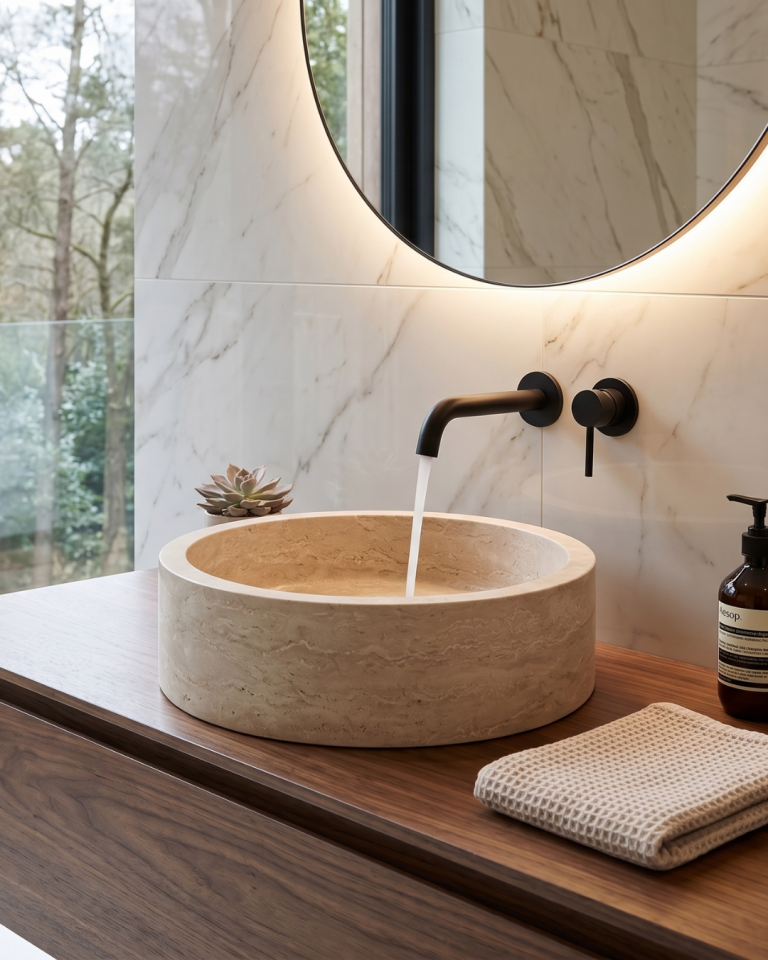 Round Travertine Stone Sink Luxury Handcrafted Travertine Bathroom Vessel Basin
