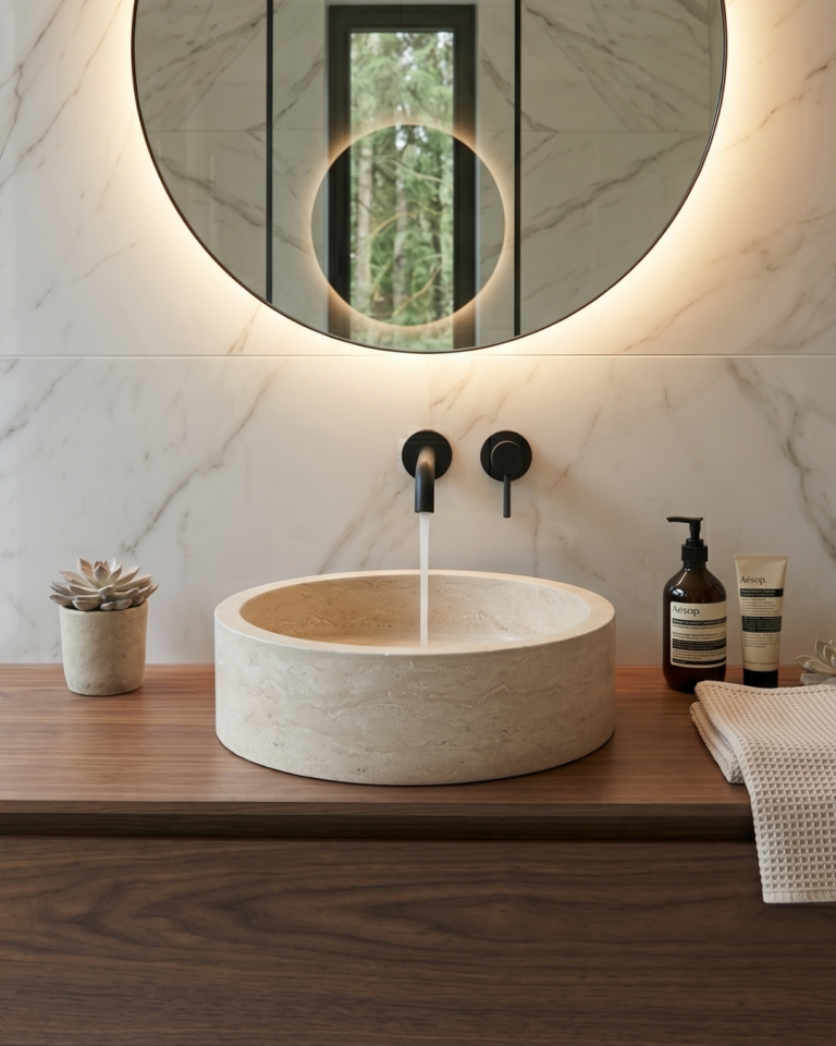 Round Travertine Stone Sink Luxury Handcrafted Travertine Bathroom Vessel Basin