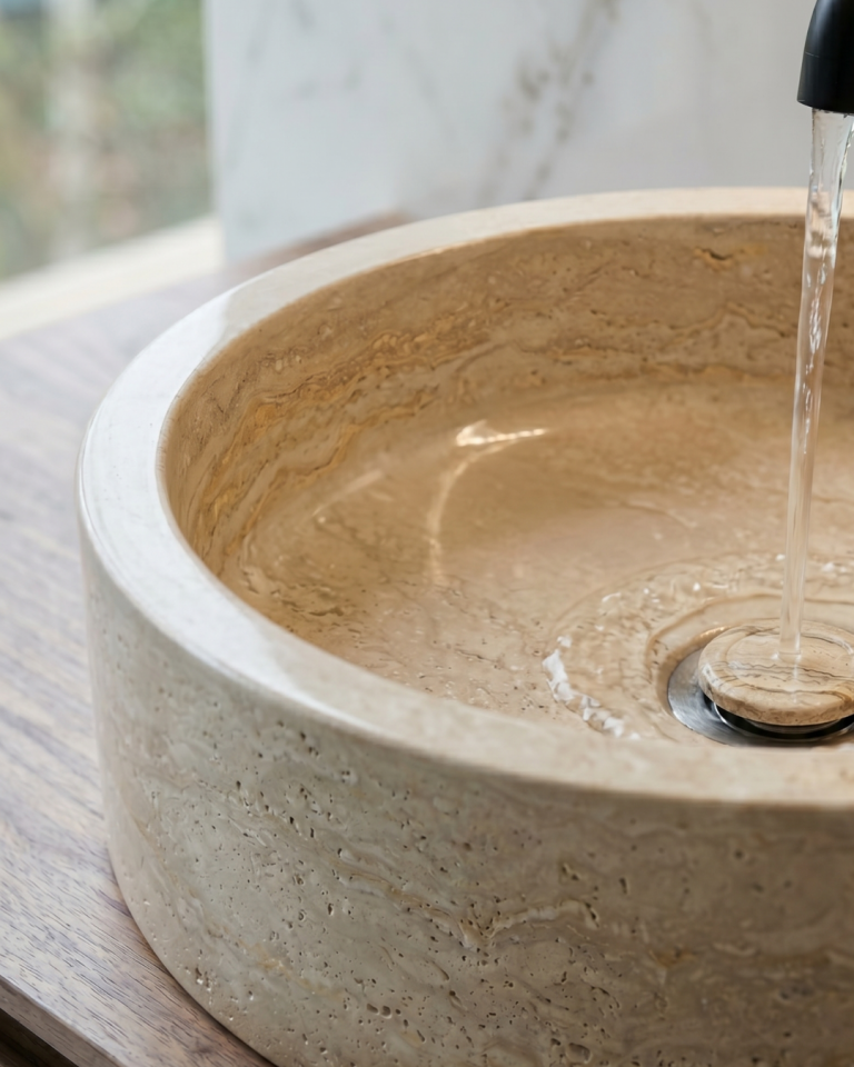 Round Travertine Stone Sink Luxury Handcrafted Travertine Bathroom Vessel Basin