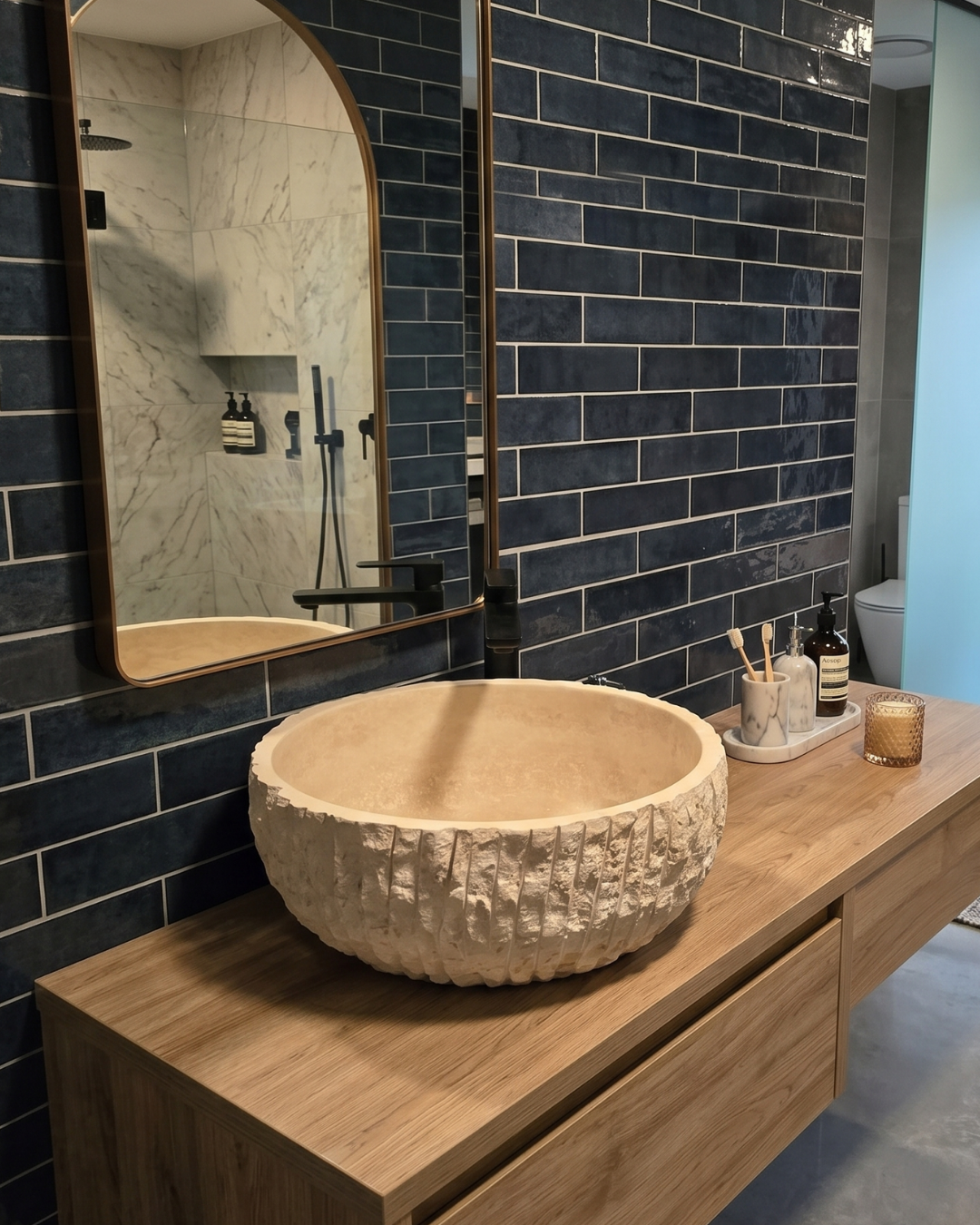 Natural Travertine Stone Sink Handcrafted Rustic Bathroom Vessel Basin