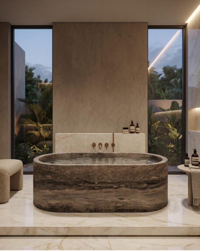 Silver Travertine Bathtub Luxury Handcrafted Natural Stone Soaking Tub