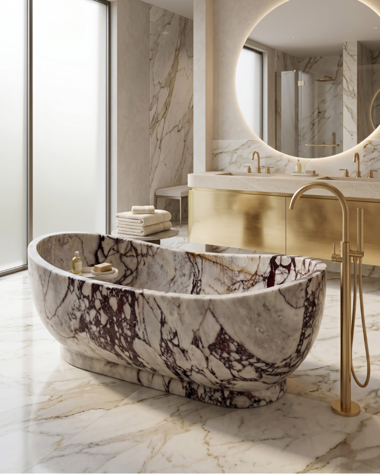 Calacatta Viola Marble Bathtub Luxury Handcrafted Natural Stone Soaking Tub