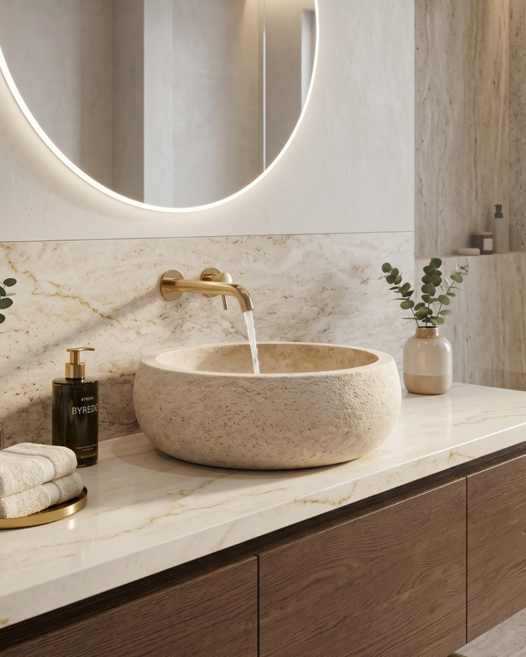 Round Travertine Stone Sink Luxury Handcrafted Bathroom Vessel Basin