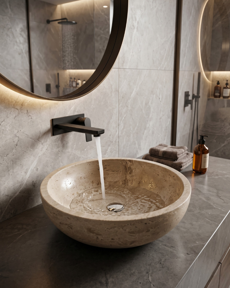 Natural Travertine Stone Sink Handcrafted Rustic Bathroom Vessel Basin