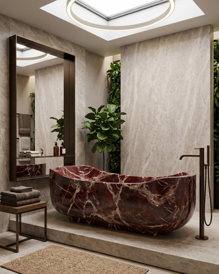 Rosso Levanto Marble Bathtub Luxury Handcrafted Natural Stone Soaking Tub