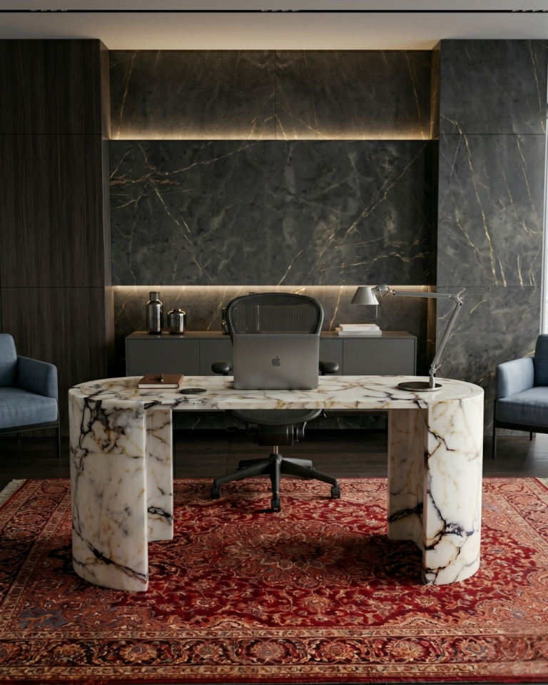 Calacatta Viola Marble Desk Luxury Handcrafted Stone Office Table