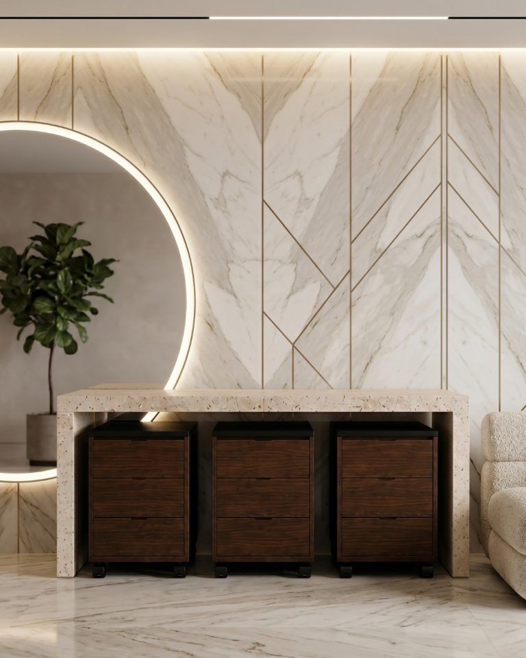 Travertine Console Table with Rolling MDF Drawers Luxury Handcrafted Entryway Table