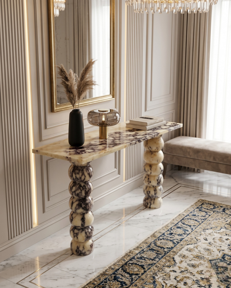 Calacatta Viola Marble Console Table Luxury Handcrafted Designer Entryway Table