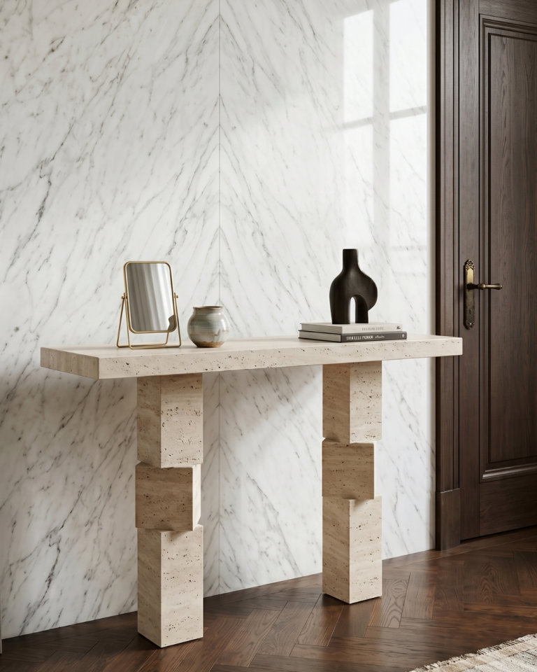 Travertine Console Table Luxury Handcrafted Stone Entryway Table
